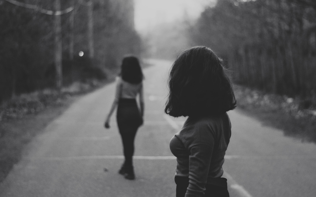 This is a black and white image of two girls in the middle of a countryside road. Both girls have their backs to the camera but one girl stand ahead of the one with the other looking towards the girl who is ahead of her. It represents the two girls in "My Brilliant Friend" and their fractured relationship."