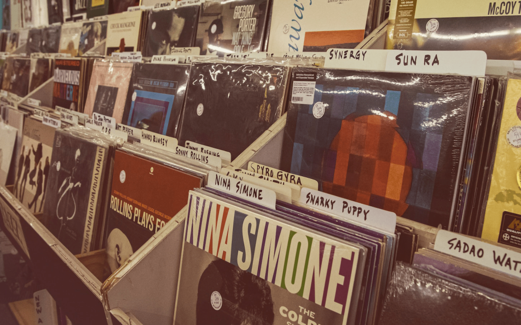 This is the shelf of vinyl record covers in a record store, representing the importance of music in "Sound of Metal".